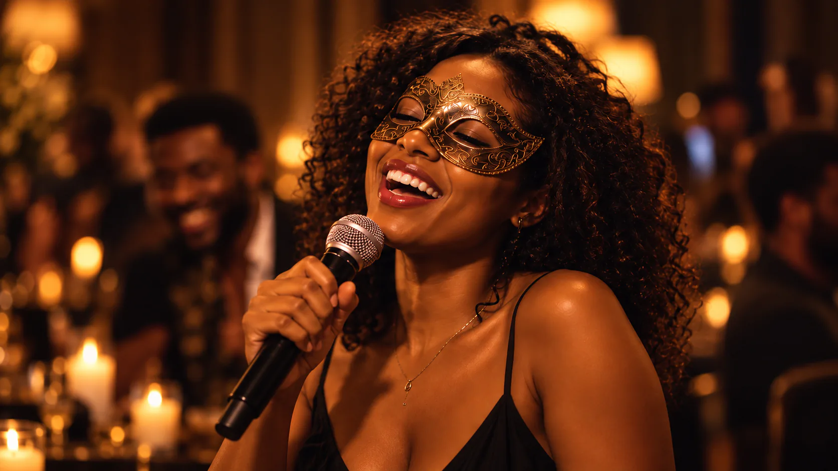 A guest in an ornate gold masquerade mask sings at a candlelit party.