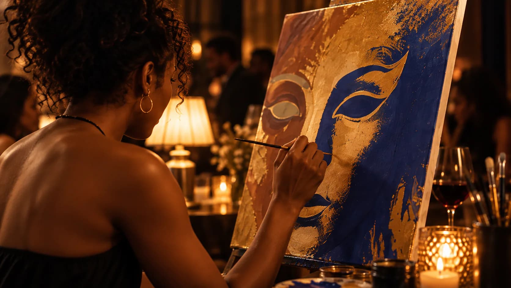 A guest paints a masquerade-inspired canvas at a candlelit art station.